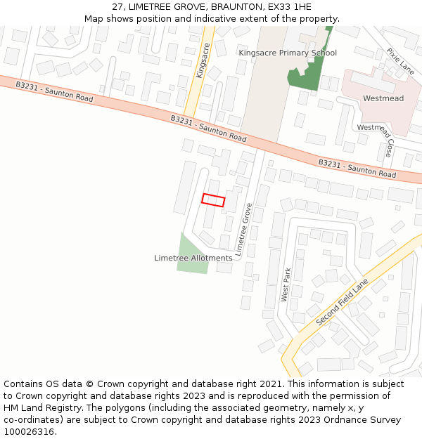 27, LIMETREE GROVE, BRAUNTON, EX33 1HE: Location map and indicative extent of plot