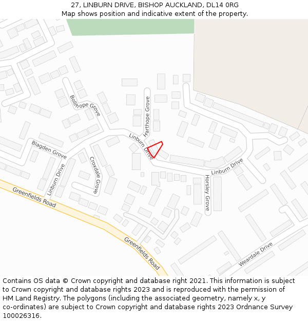 27, LINBURN DRIVE, BISHOP AUCKLAND, DL14 0RG: Location map and indicative extent of plot