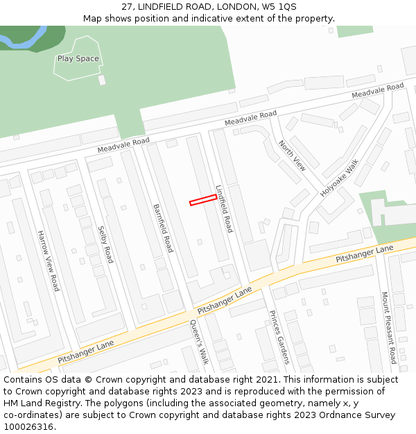 27, LINDFIELD ROAD, LONDON, W5 1QS: Location map and indicative extent of plot