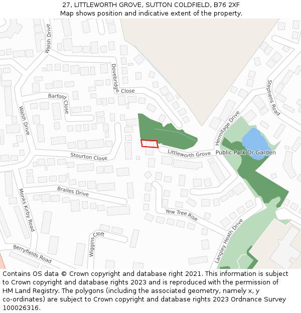 27, LITTLEWORTH GROVE, SUTTON COLDFIELD, B76 2XF: Location map and indicative extent of plot