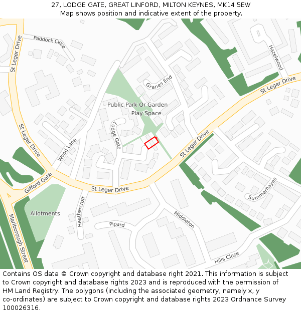 27, LODGE GATE, GREAT LINFORD, MILTON KEYNES, MK14 5EW: Location map and indicative extent of plot