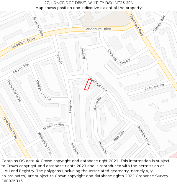 27, LONGRIDGE DRIVE, WHITLEY BAY, NE26 3EN: Location map and indicative extent of plot