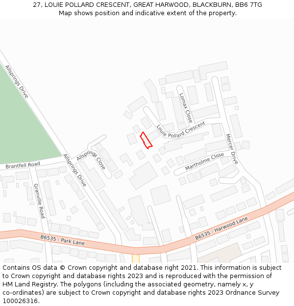 27, LOUIE POLLARD CRESCENT, GREAT HARWOOD, BLACKBURN, BB6 7TG: Location map and indicative extent of plot