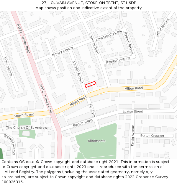 27, LOUVAIN AVENUE, STOKE-ON-TRENT, ST1 6DP: Location map and indicative extent of plot