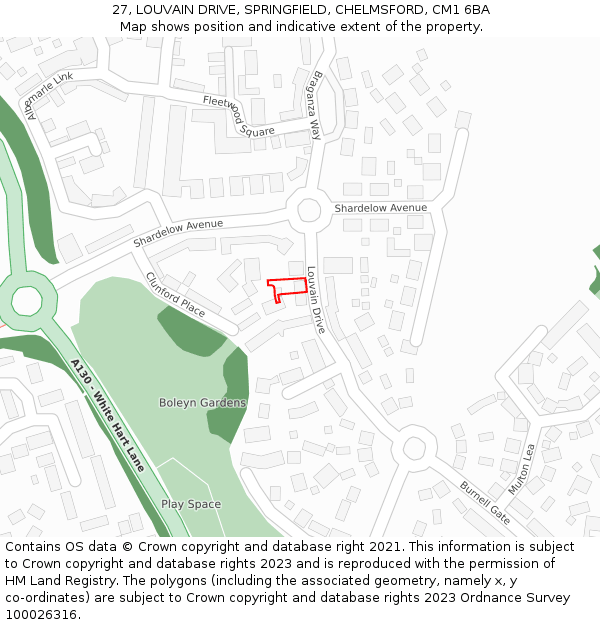 27, LOUVAIN DRIVE, SPRINGFIELD, CHELMSFORD, CM1 6BA: Location map and indicative extent of plot