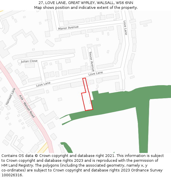 27, LOVE LANE, GREAT WYRLEY, WALSALL, WS6 6NN: Location map and indicative extent of plot