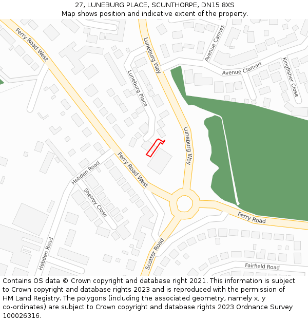 27, LUNEBURG PLACE, SCUNTHORPE, DN15 8XS: Location map and indicative extent of plot
