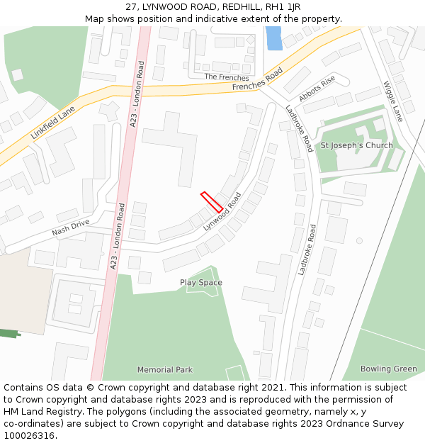 27, LYNWOOD ROAD, REDHILL, RH1 1JR: Location map and indicative extent of plot