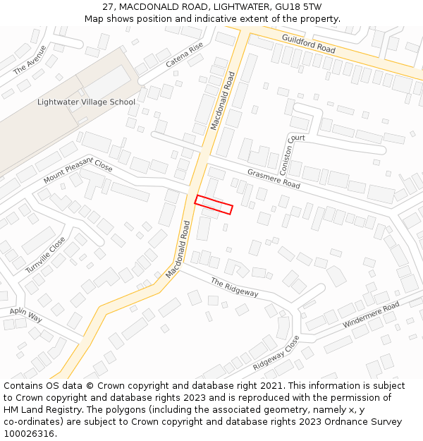 27, MACDONALD ROAD, LIGHTWATER, GU18 5TW: Location map and indicative extent of plot