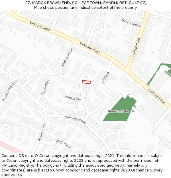 27, MADOX BROWN END, COLLEGE TOWN, SANDHURST, GU47 0GJ: Location map and indicative extent of plot