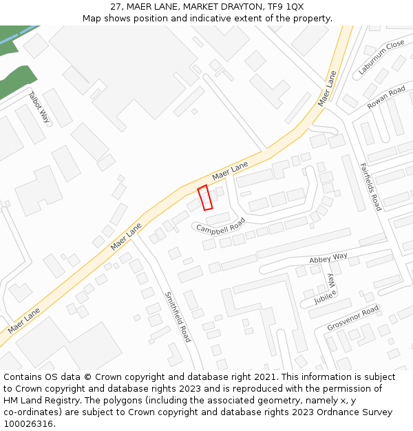 27, MAER LANE, MARKET DRAYTON, TF9 1QX: Location map and indicative extent of plot