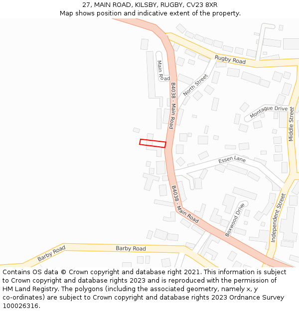 27, MAIN ROAD, KILSBY, RUGBY, CV23 8XR: Location map and indicative extent of plot