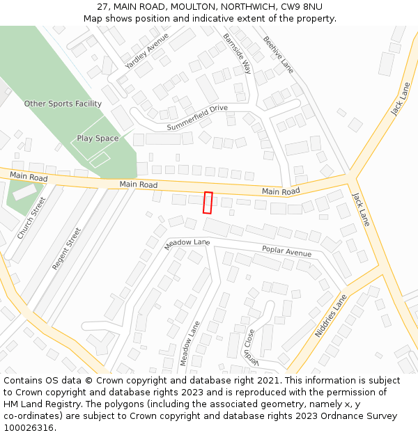 27, MAIN ROAD, MOULTON, NORTHWICH, CW9 8NU: Location map and indicative extent of plot