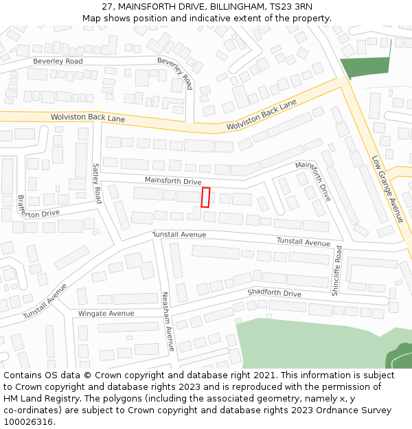 27, MAINSFORTH DRIVE, BILLINGHAM, TS23 3RN: Location map and indicative extent of plot