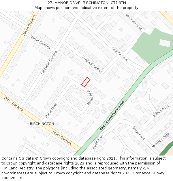 27, MANOR DRIVE, BIRCHINGTON, CT7 9TN: Location map and indicative extent of plot