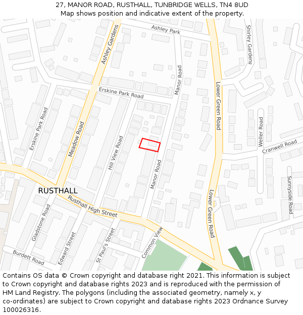 27, MANOR ROAD, RUSTHALL, TUNBRIDGE WELLS, TN4 8UD: Location map and indicative extent of plot