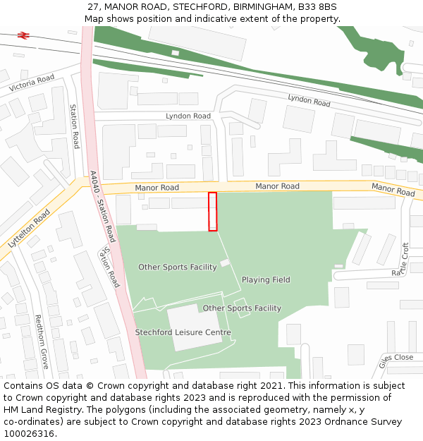 27, MANOR ROAD, STECHFORD, BIRMINGHAM, B33 8BS: Location map and indicative extent of plot