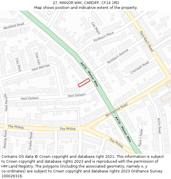 27, MANOR WAY, CARDIFF, CF14 1RD: Location map and indicative extent of plot