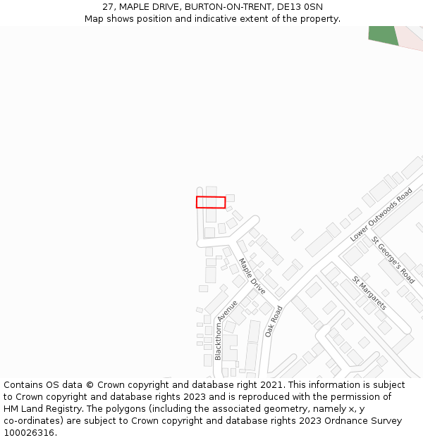 27, MAPLE DRIVE, BURTON-ON-TRENT, DE13 0SN: Location map and indicative extent of plot