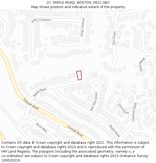 27, MAPLE ROAD, BOSTON, PE21 0BZ: Location map and indicative extent of plot