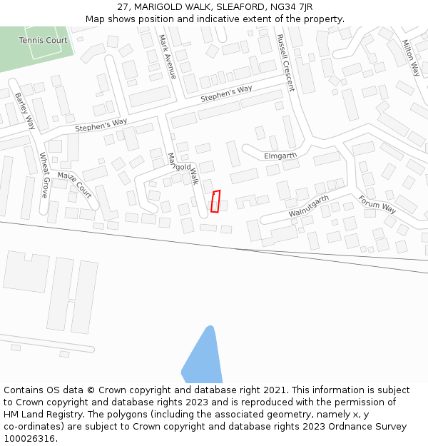 27, MARIGOLD WALK, SLEAFORD, NG34 7JR: Location map and indicative extent of plot