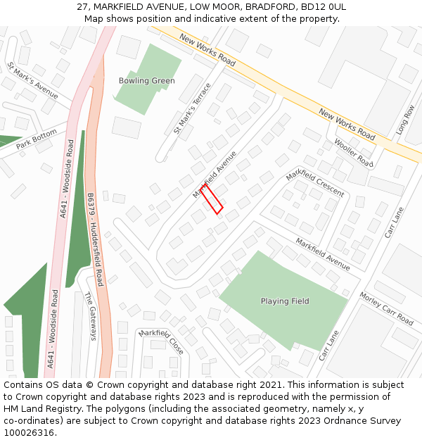 27, MARKFIELD AVENUE, LOW MOOR, BRADFORD, BD12 0UL: Location map and indicative extent of plot