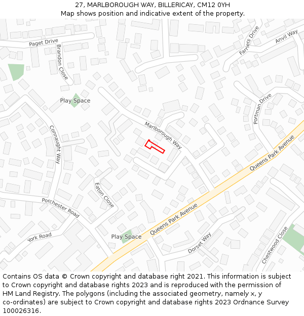 27, MARLBOROUGH WAY, BILLERICAY, CM12 0YH: Location map and indicative extent of plot