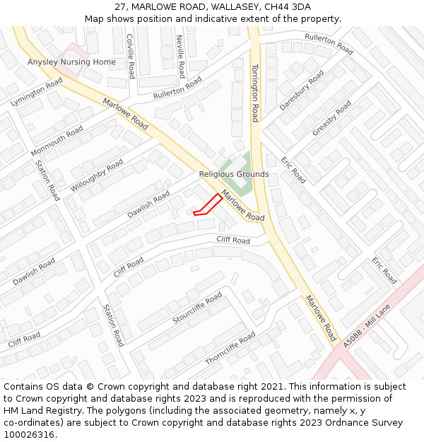 27, MARLOWE ROAD, WALLASEY, CH44 3DA: Location map and indicative extent of plot