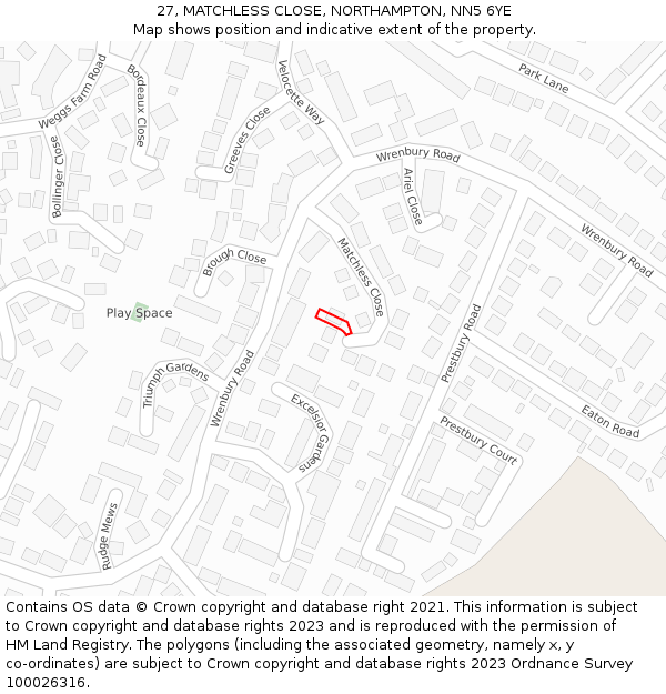 27, MATCHLESS CLOSE, NORTHAMPTON, NN5 6YE: Location map and indicative extent of plot