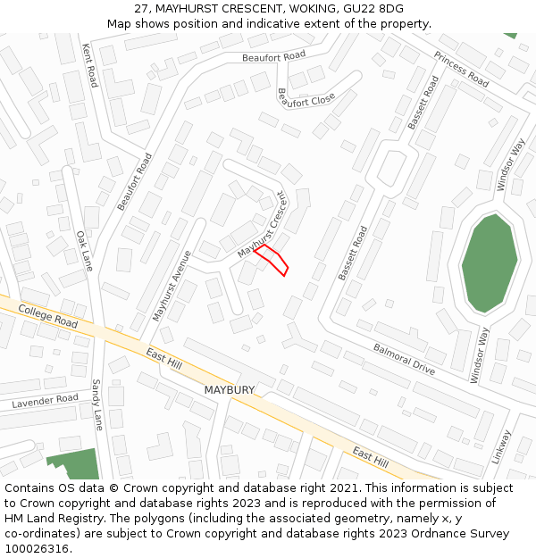 27, MAYHURST CRESCENT, WOKING, GU22 8DG: Location map and indicative extent of plot