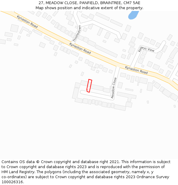 27, MEADOW CLOSE, PANFIELD, BRAINTREE, CM7 5AE: Location map and indicative extent of plot