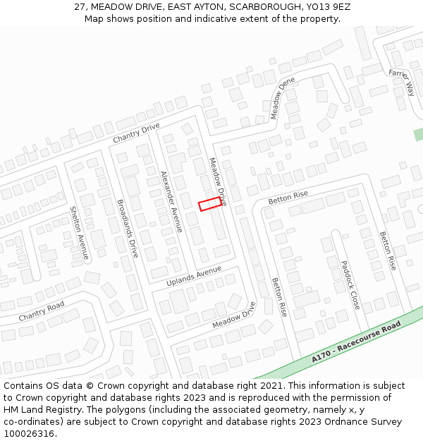 27, MEADOW DRIVE, EAST AYTON, SCARBOROUGH, YO13 9EZ: Location map and indicative extent of plot