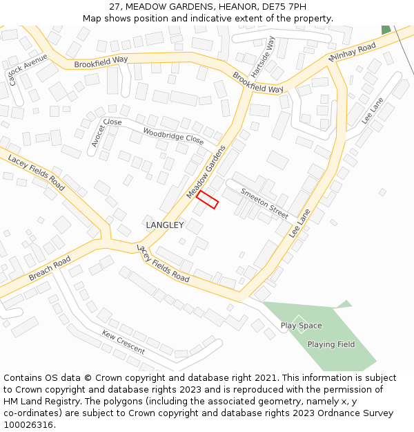 27, MEADOW GARDENS, HEANOR, DE75 7PH: Location map and indicative extent of plot