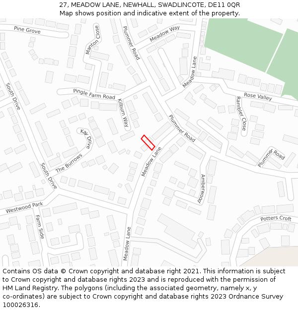 27, MEADOW LANE, NEWHALL, SWADLINCOTE, DE11 0QR: Location map and indicative extent of plot