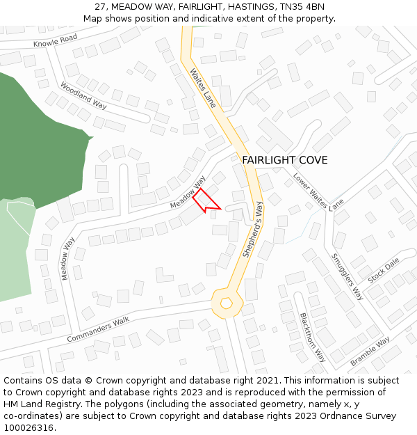 27, MEADOW WAY, FAIRLIGHT, HASTINGS, TN35 4BN: Location map and indicative extent of plot