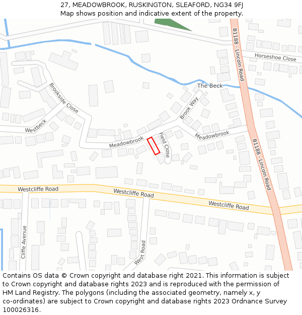 27, MEADOWBROOK, RUSKINGTON, SLEAFORD, NG34 9FJ: Location map and indicative extent of plot