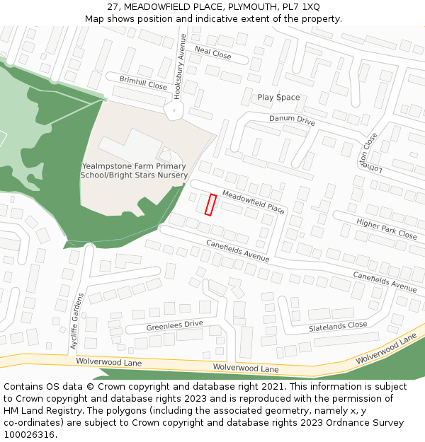 27, MEADOWFIELD PLACE, PLYMOUTH, PL7 1XQ: Location map and indicative extent of plot