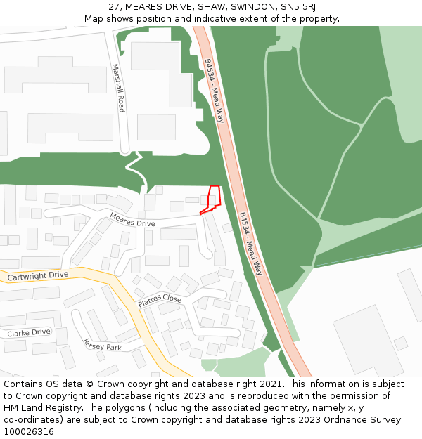 27, MEARES DRIVE, SHAW, SWINDON, SN5 5RJ: Location map and indicative extent of plot