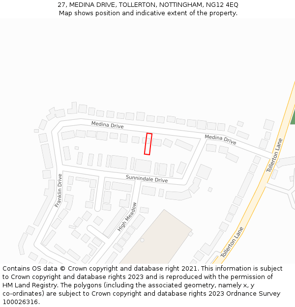 27, MEDINA DRIVE, TOLLERTON, NOTTINGHAM, NG12 4EQ: Location map and indicative extent of plot