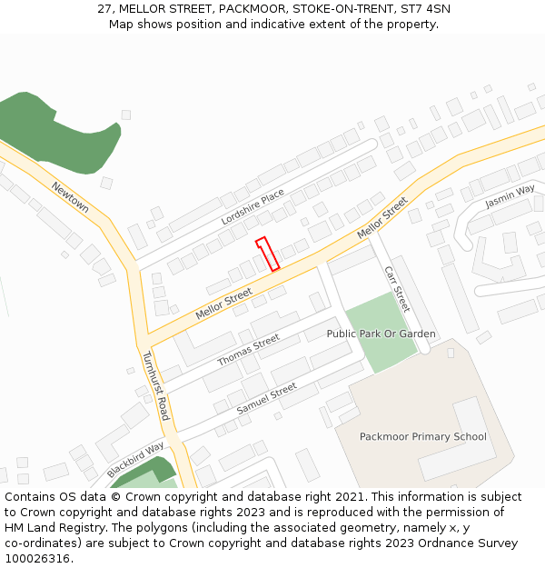 27, MELLOR STREET, PACKMOOR, STOKE-ON-TRENT, ST7 4SN: Location map and indicative extent of plot