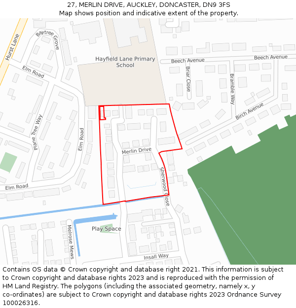 27, MERLIN DRIVE, AUCKLEY, DONCASTER, DN9 3FS: Location map and indicative extent of plot