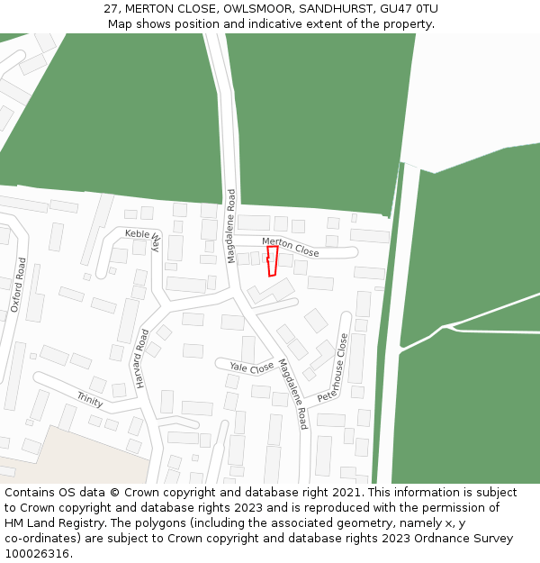 27, MERTON CLOSE, OWLSMOOR, SANDHURST, GU47 0TU: Location map and indicative extent of plot