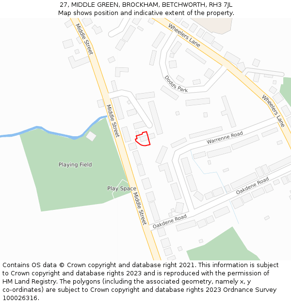 27, MIDDLE GREEN, BROCKHAM, BETCHWORTH, RH3 7JL: Location map and indicative extent of plot