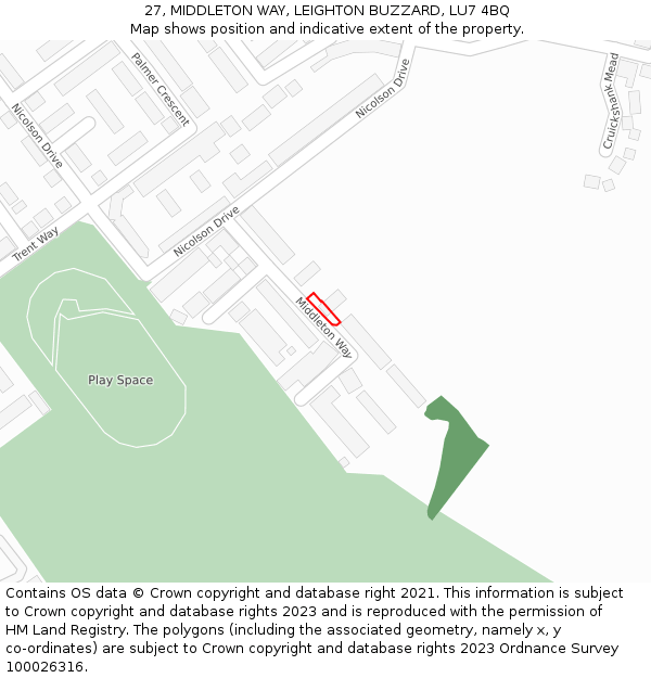 27, MIDDLETON WAY, LEIGHTON BUZZARD, LU7 4BQ: Location map and indicative extent of plot