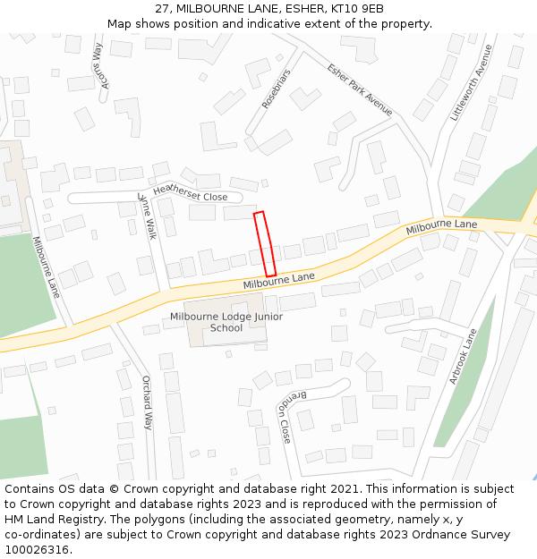 27, MILBOURNE LANE, ESHER, KT10 9EB: Location map and indicative extent of plot