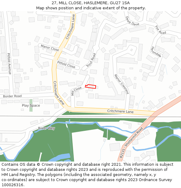 27, MILL CLOSE, HASLEMERE, GU27 1SA: Location map and indicative extent of plot