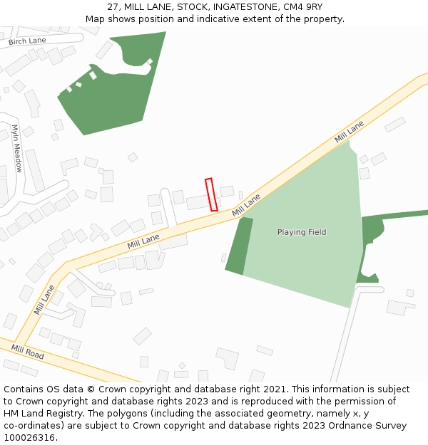 27, MILL LANE, STOCK, INGATESTONE, CM4 9RY: Location map and indicative extent of plot