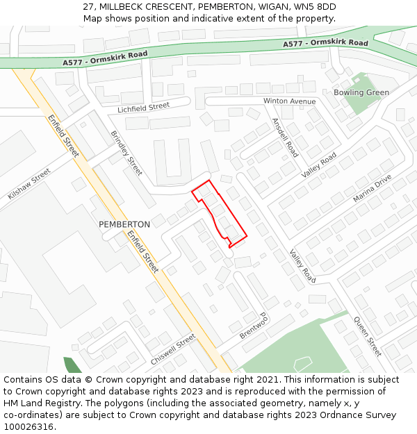 27, MILLBECK CRESCENT, PEMBERTON, WIGAN, WN5 8DD: Location map and indicative extent of plot