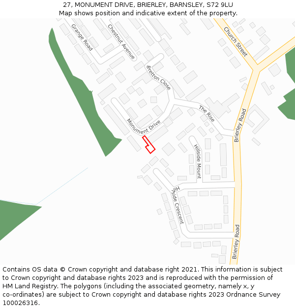 27, MONUMENT DRIVE, BRIERLEY, BARNSLEY, S72 9LU: Location map and indicative extent of plot