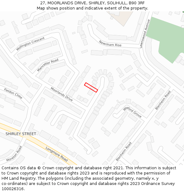 27, MOORLANDS DRIVE, SHIRLEY, SOLIHULL, B90 3RF: Location map and indicative extent of plot